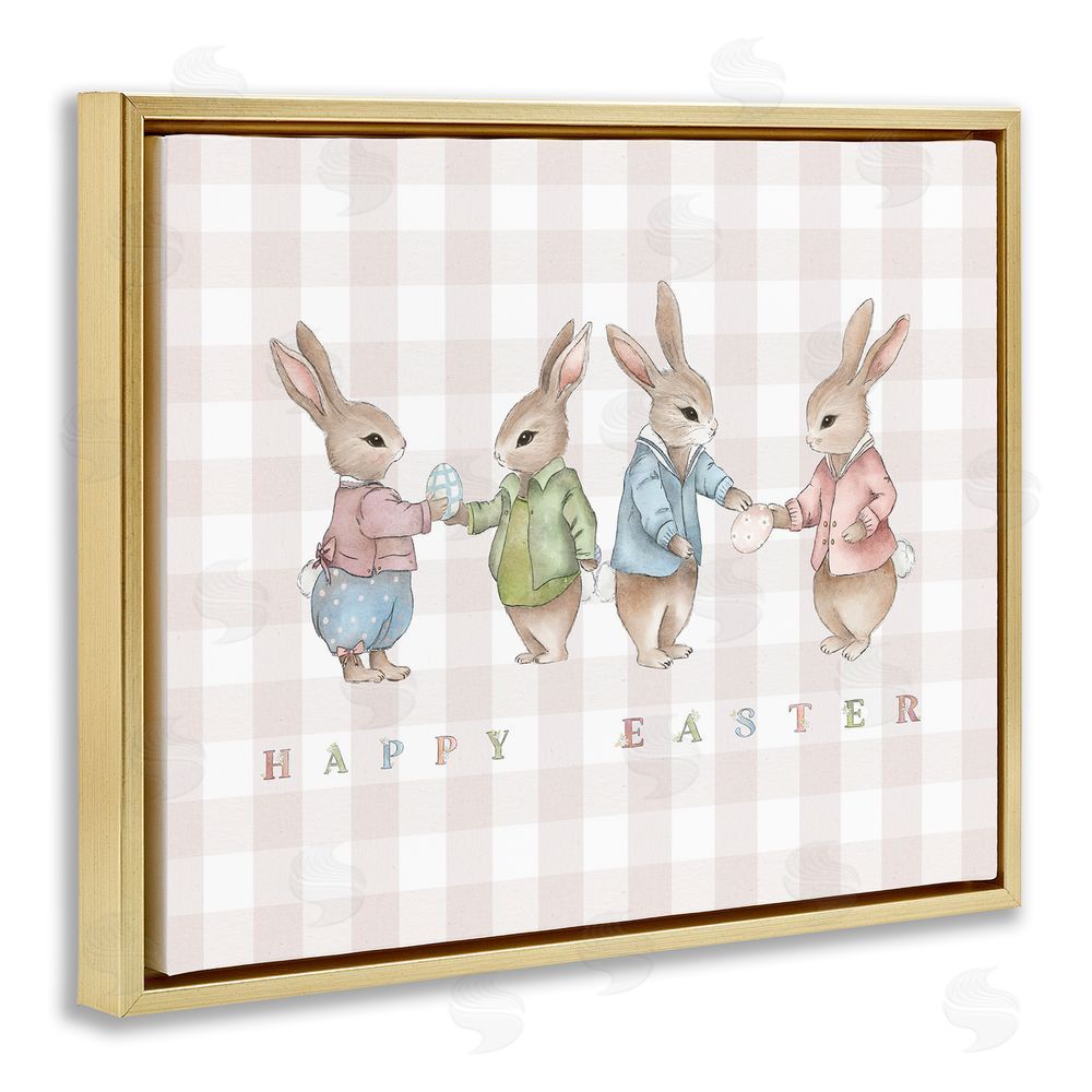 Leah Straatsma Easter Bunnies Pink Gingham Gold Floating Frame Canvas Wall Art
