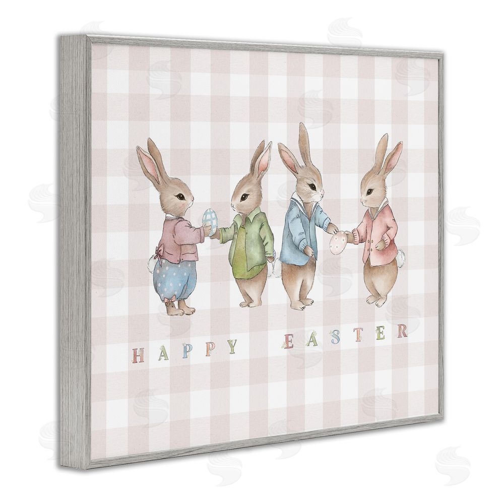 Leah Straatsma Easter Bunnies Pink Gingham Gray Framed Giclee Wall Art Print