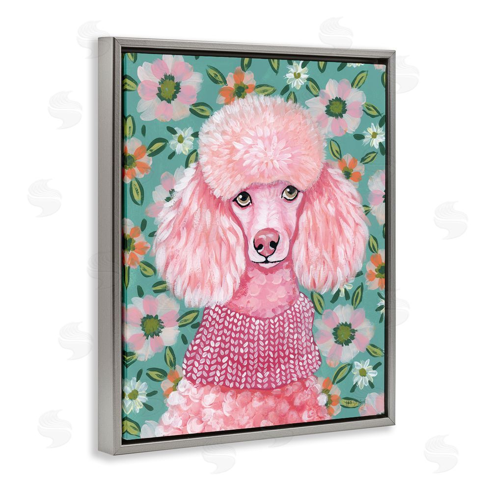 Yvette St. Amant Floral Poodle In Pink Gray Floating Frame Canvas Wall Art Print