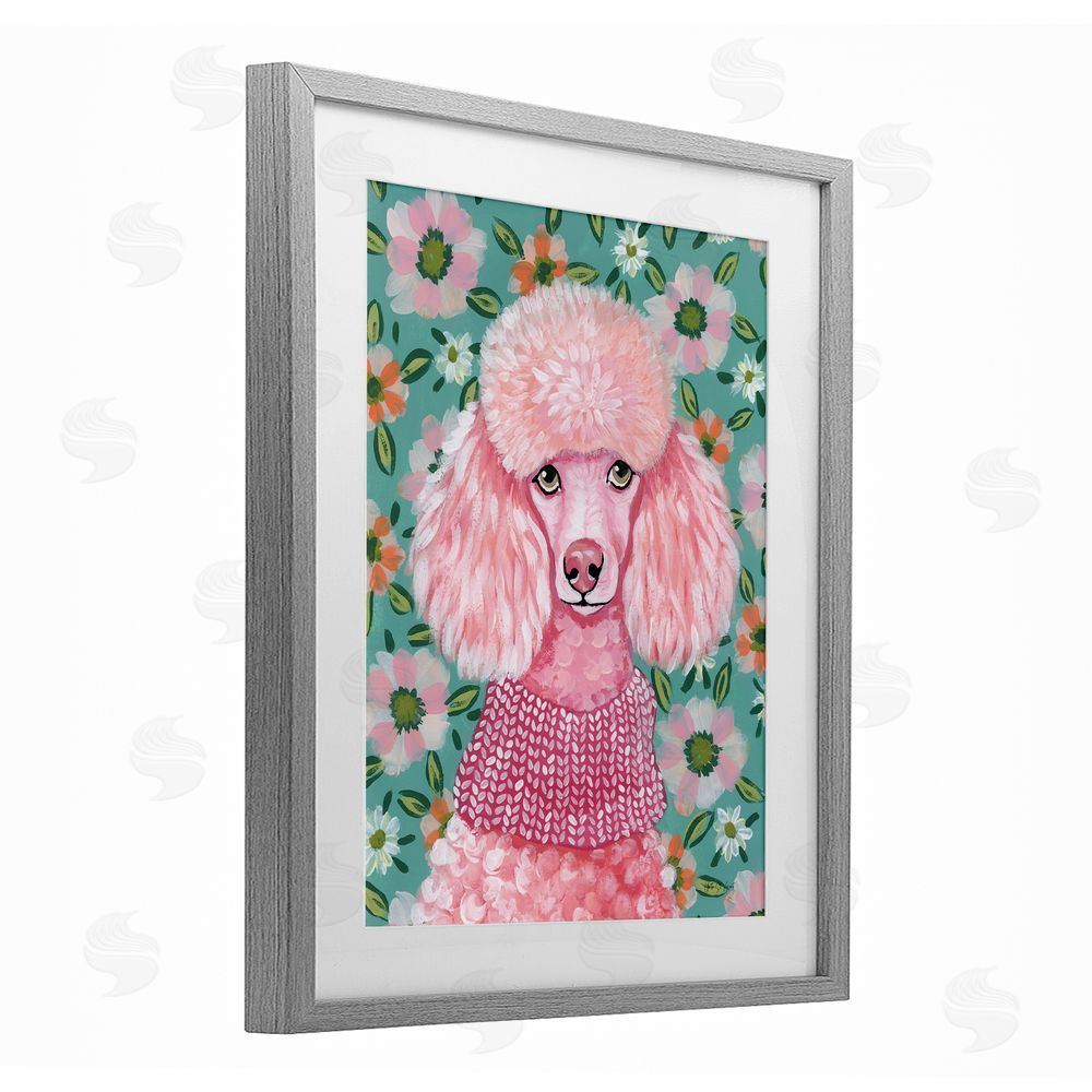 Yvette St. Amant Floral Poodle In Pink Gray Framed Print Under Glass Wall Art