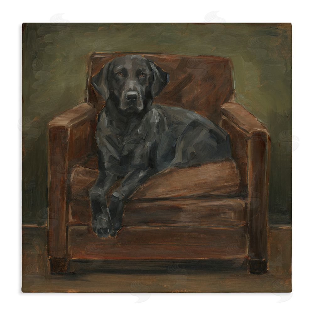 Ethan Harper Black Labrador on Leather Chair Stretched Canvas Wall Art Print