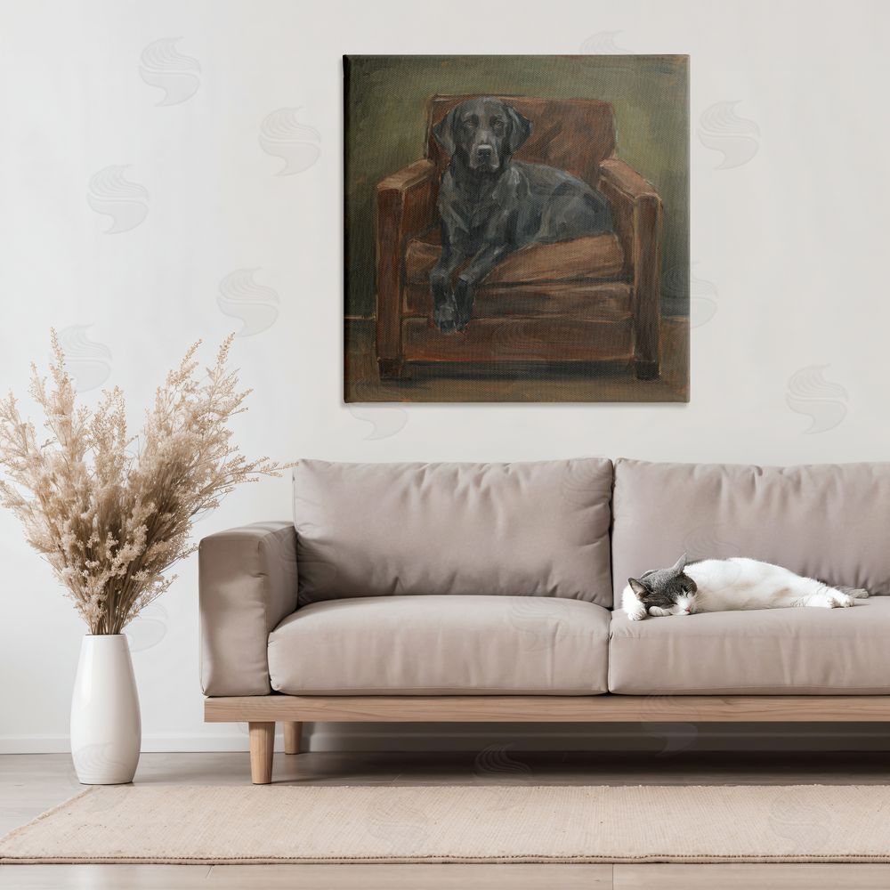 Ethan Harper Black Labrador on Leather Chair Stretched Canvas Wall Art in Room
