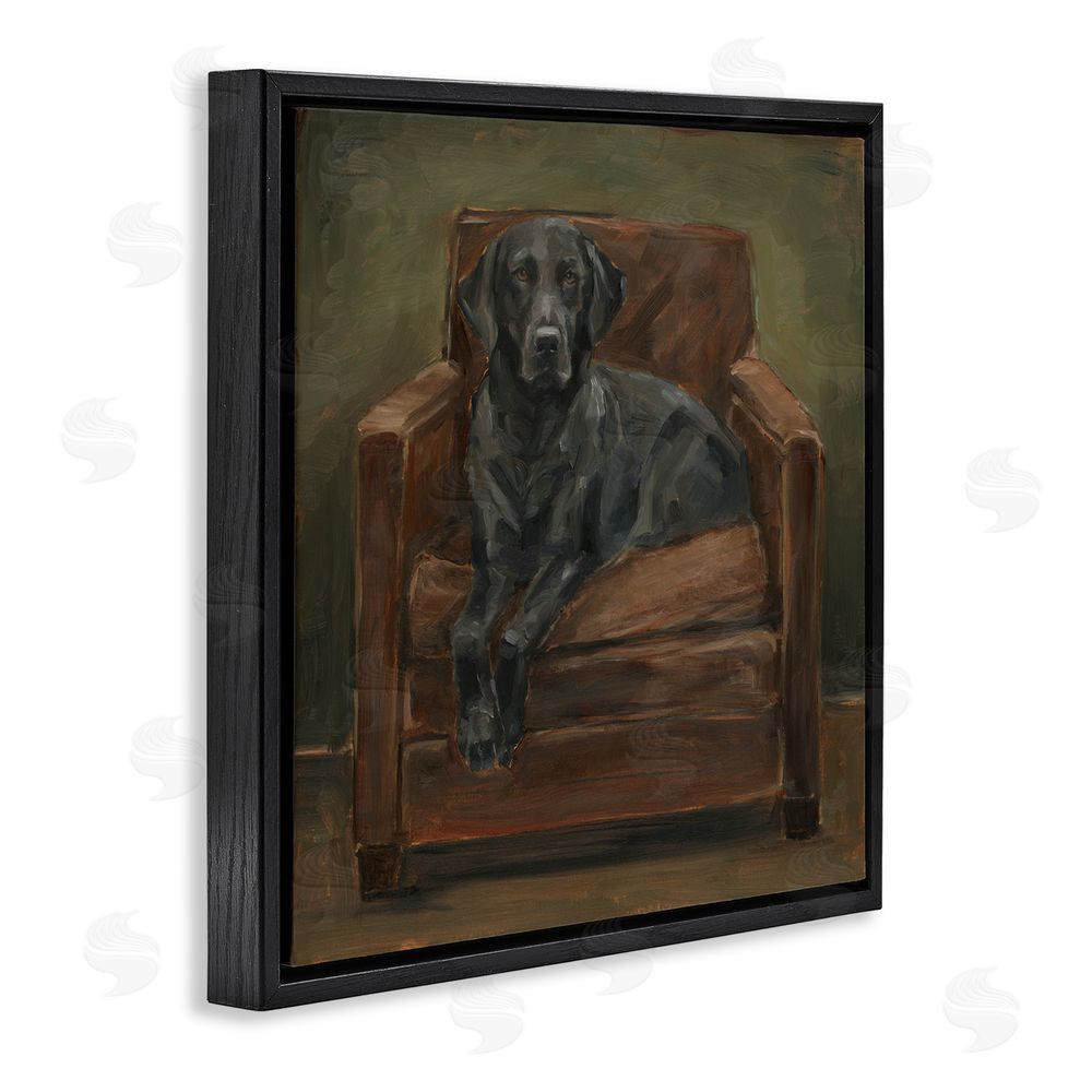 Ethan Harper Black Labrador on Leather Chair Black Floating Frame Canvas Wall Art Print