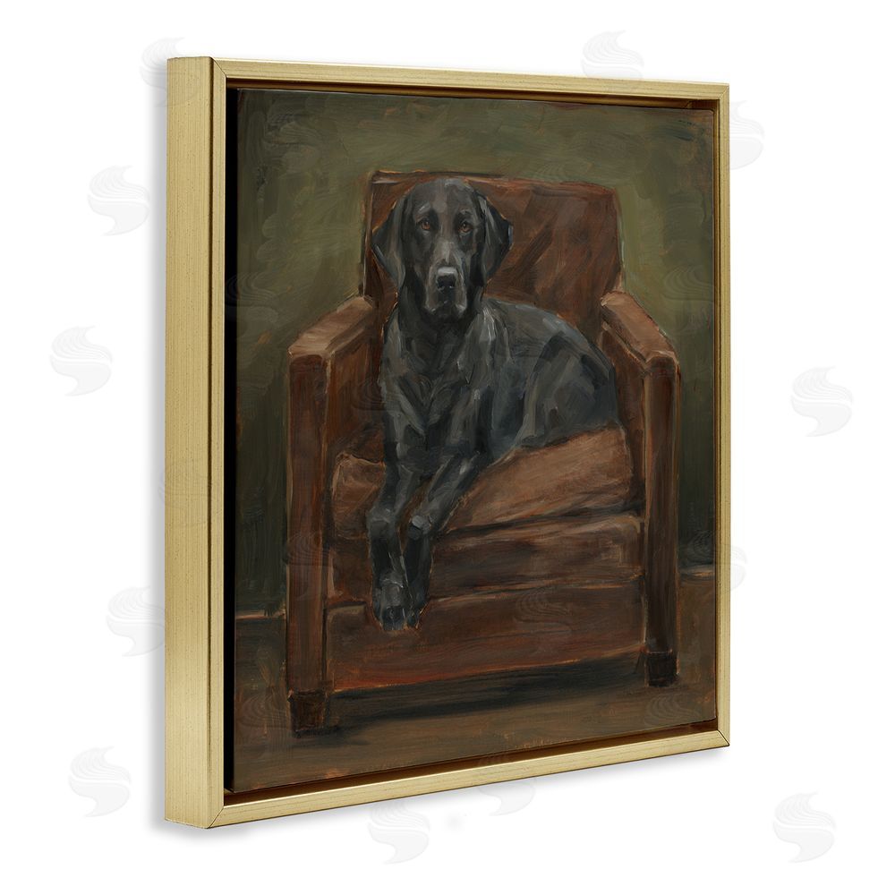 Ethan Harper Black Labrador on Leather Chair Gold Floating Frame Canvas Wall Art Print