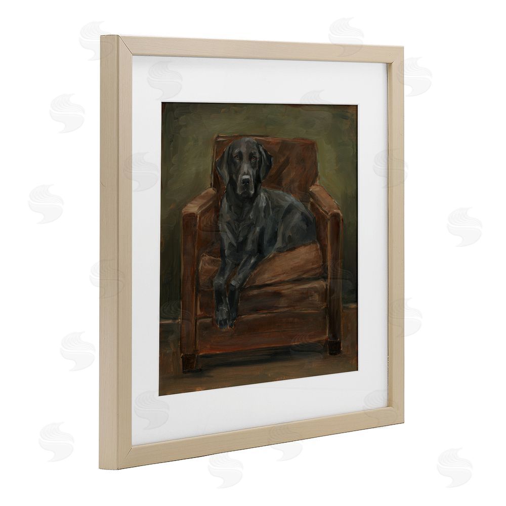 Ethan Harper Black Labrador on Leather Chair Brown Framed Print Under Glass Wall Art
