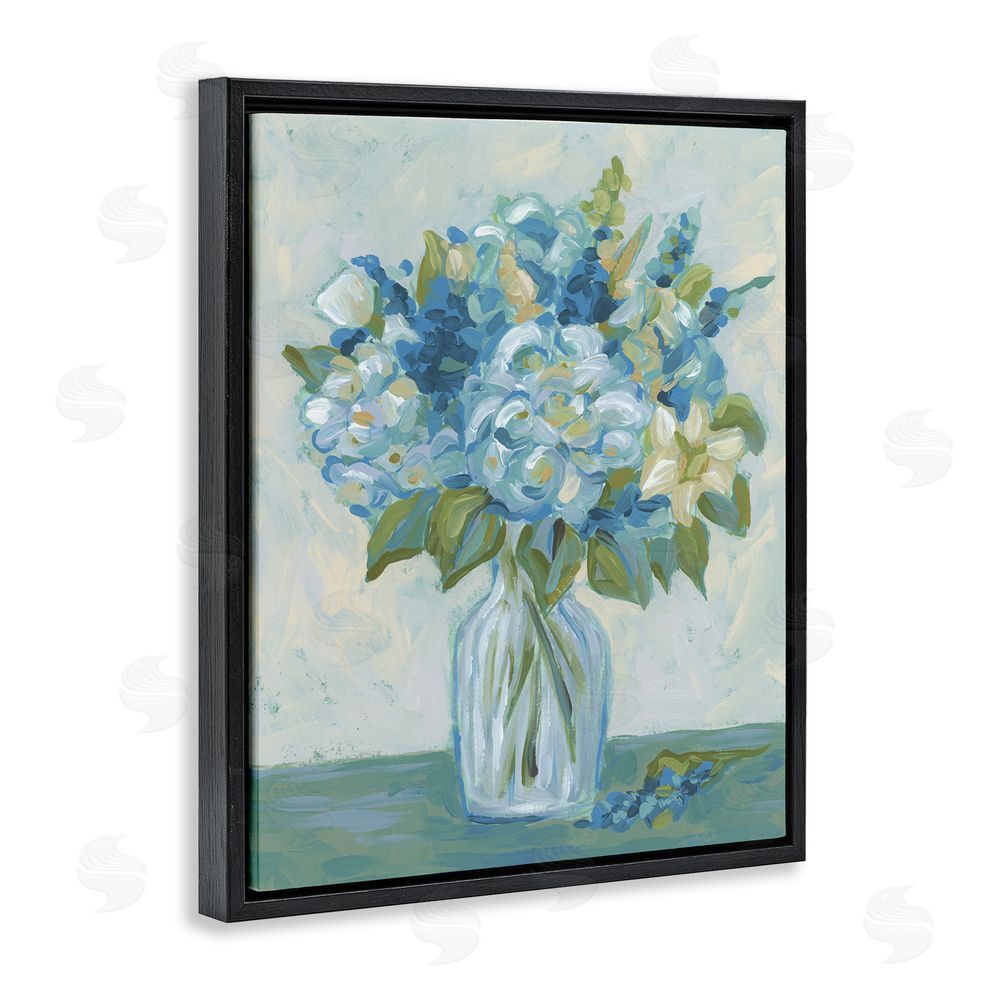 June Erica Vess Blue Toned Painterly Bouquet Black Floating Frame Canvas Wall Art Print