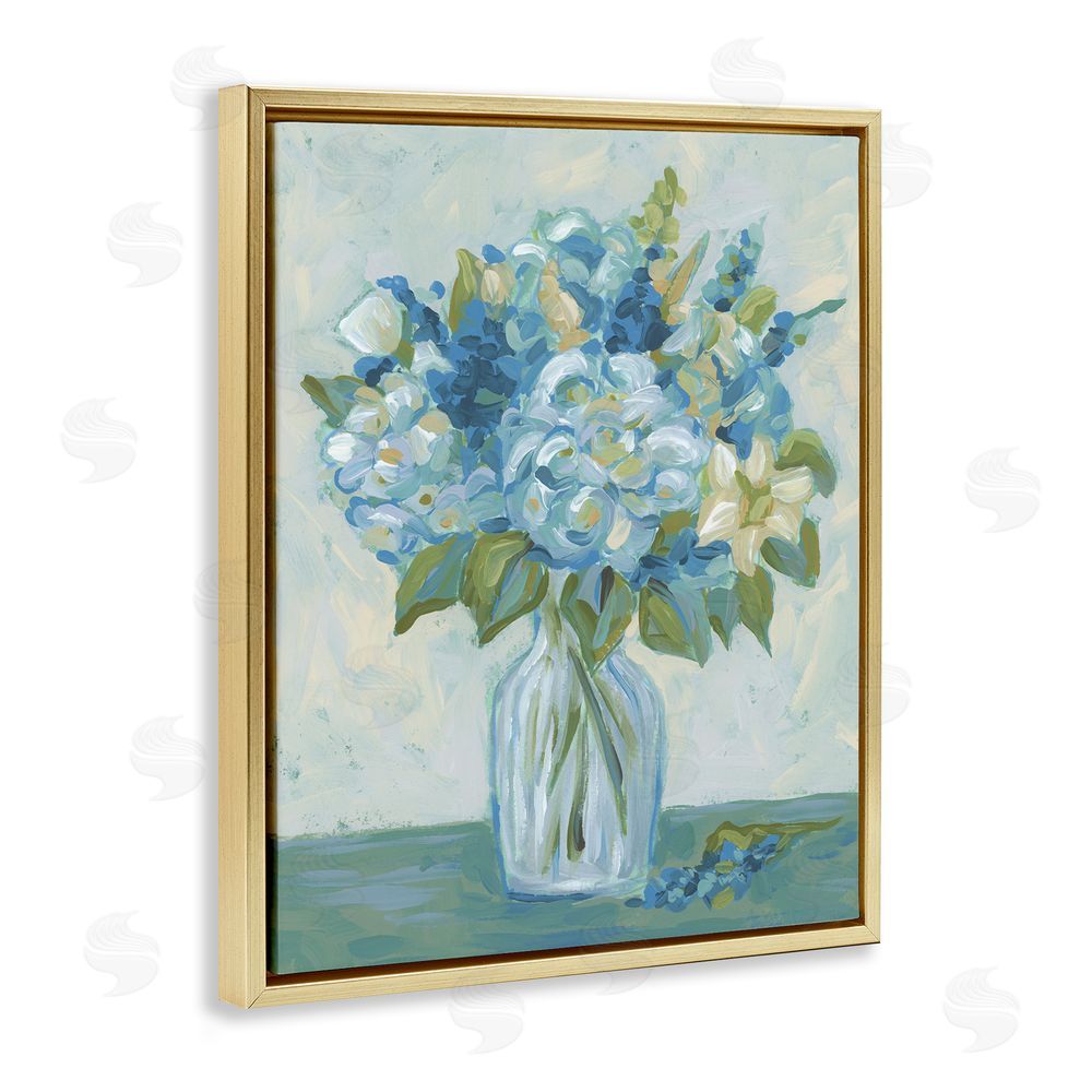 June Erica Vess Blue Toned Painterly Bouquet Gold Floating Frame Canvas Wall Art Print