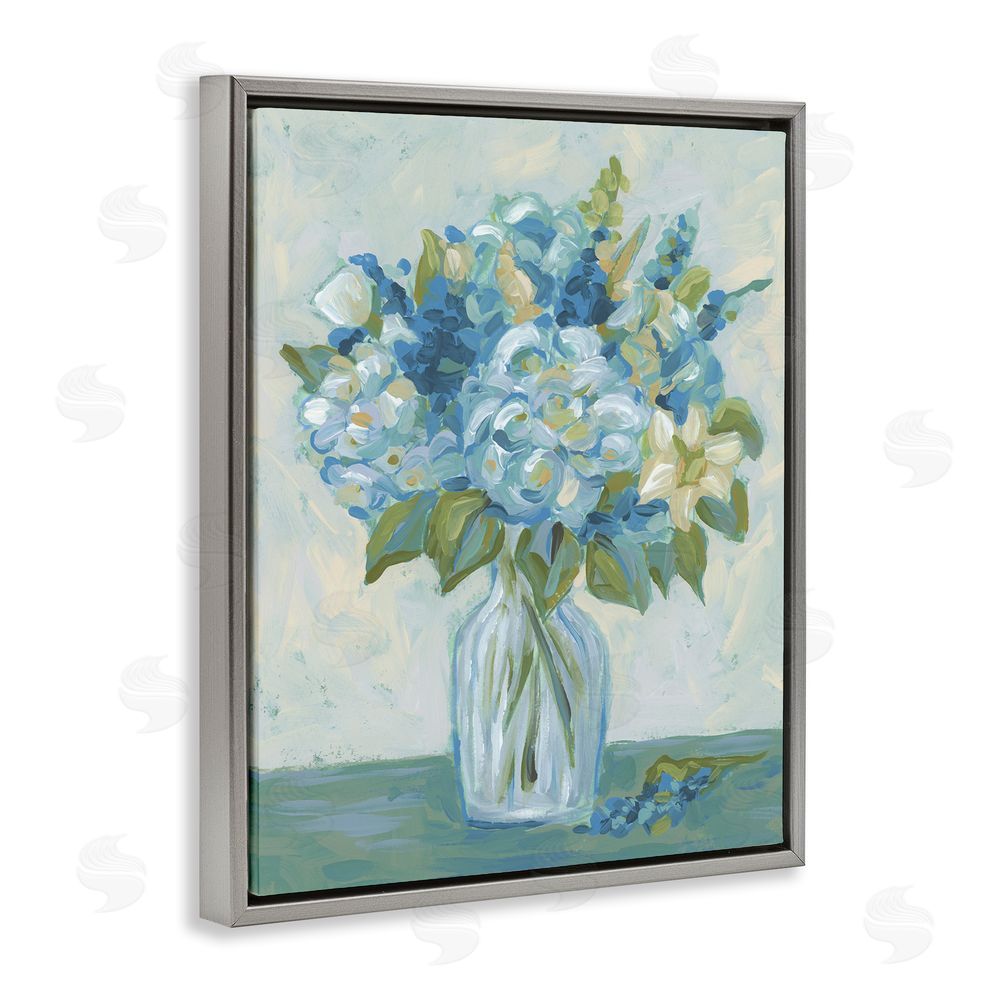 June Erica Vess Blue Toned Painterly Bouquet Gray Floating Frame Canvas Wall Art Print