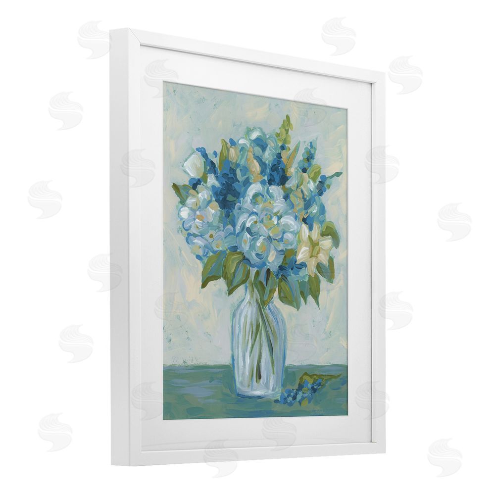 June Erica Vess Blue Toned Painterly Bouquet White Framed Print Under Glass Wall Art