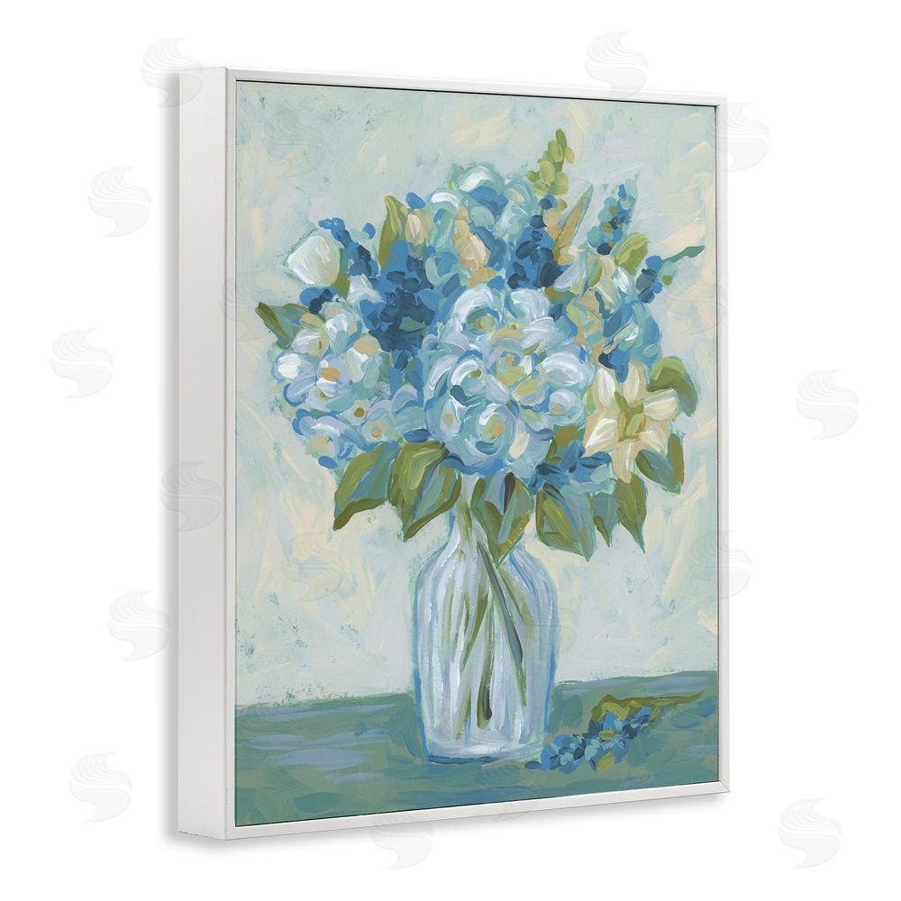 June Erica Vess Blue Toned Painterly Bouquet White Framed Giclee Wall Art Print
