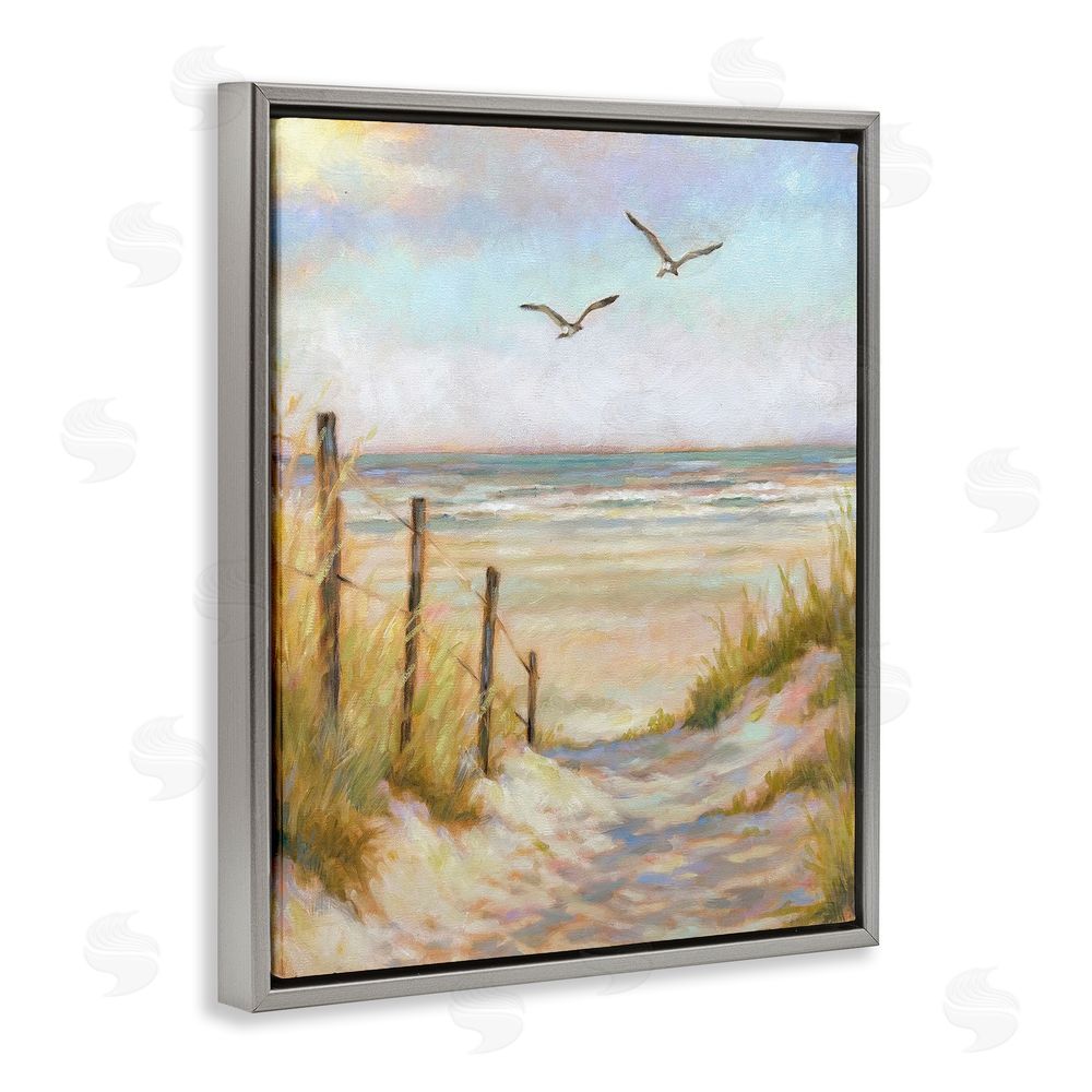 Linda Sperruzzi Tranquility Beach Coastal Path Gray Floating Frame Canvas Wall Art Print