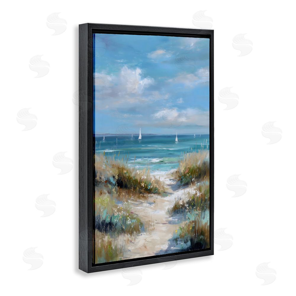 Petal Prints Design Sailboat Path Impression Black Floating Framed Canvas Wall Art Print
