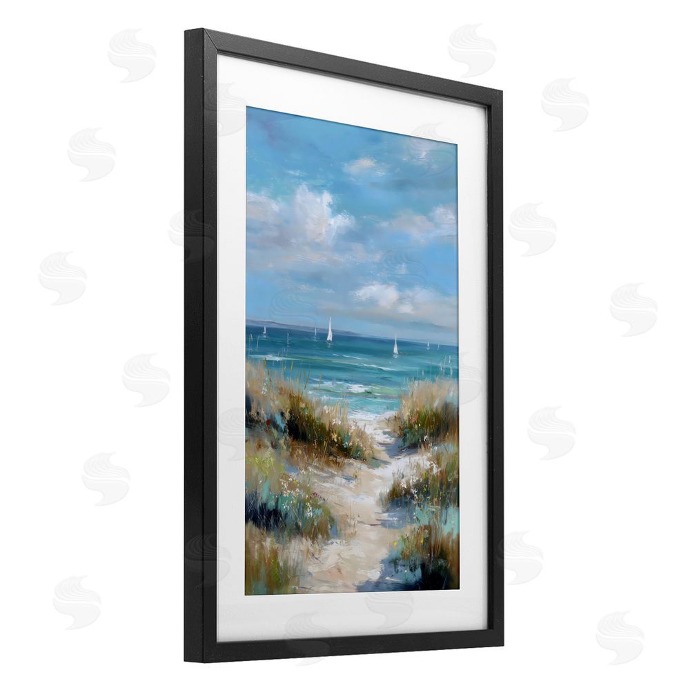 Petal Prints Design Sailboat Path Impression Black Framed Print Under Glass with White Mat Wall Art