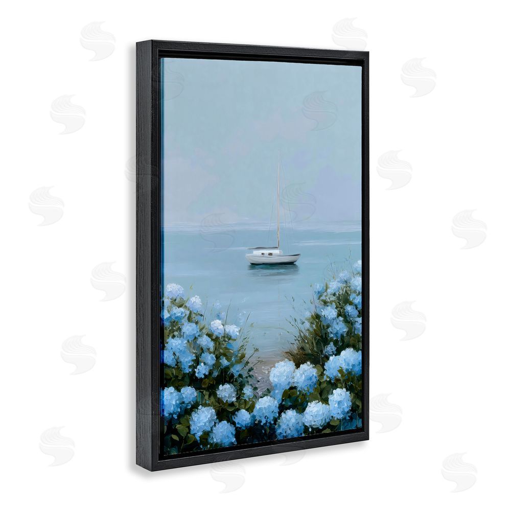 Petal Prints Design Yacht in Floral Bay Black Floating Framed Canvas Wall Art Print