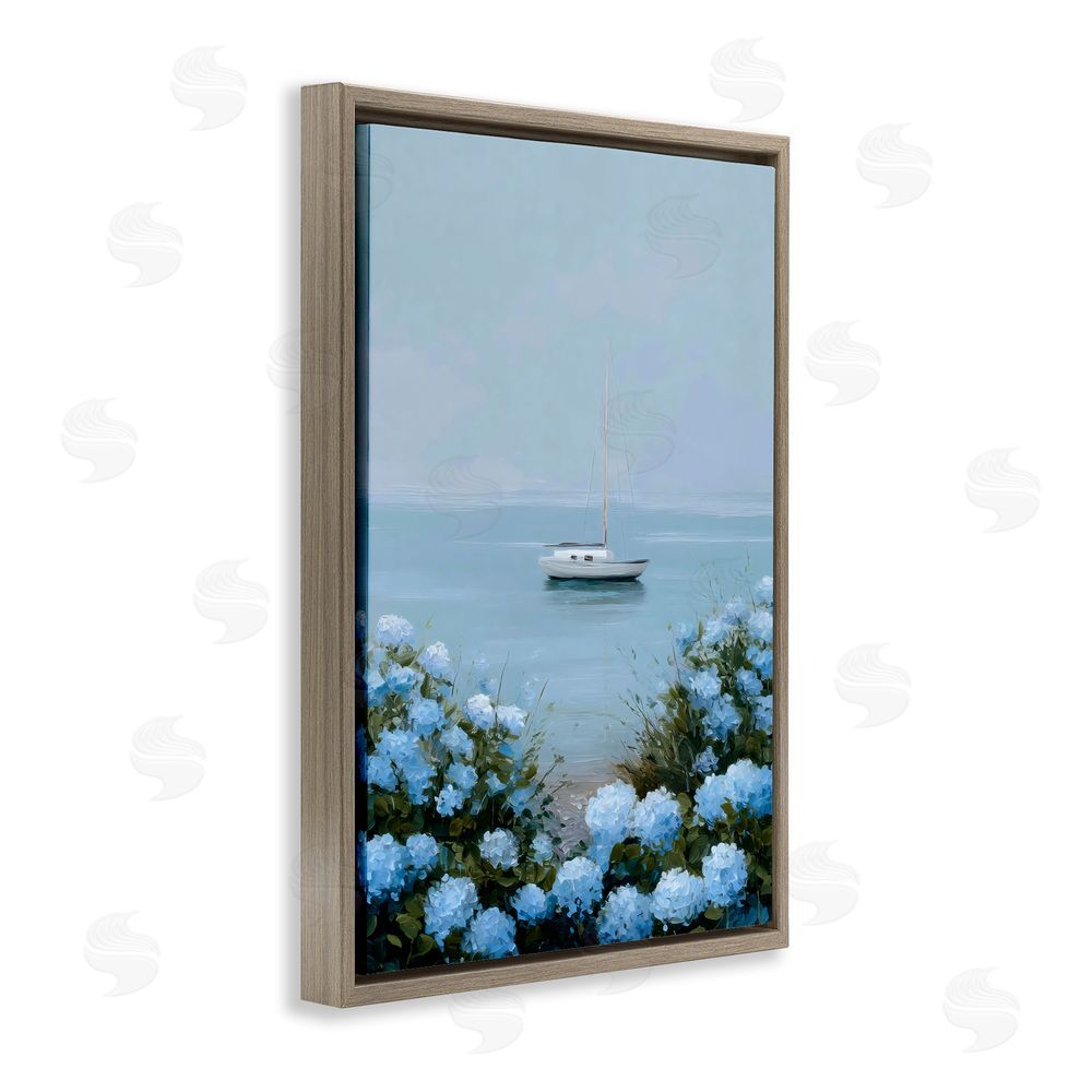 Petal Prints Design Yacht in Floral Bay Brown Floating Framed Canvas Wall Art Print