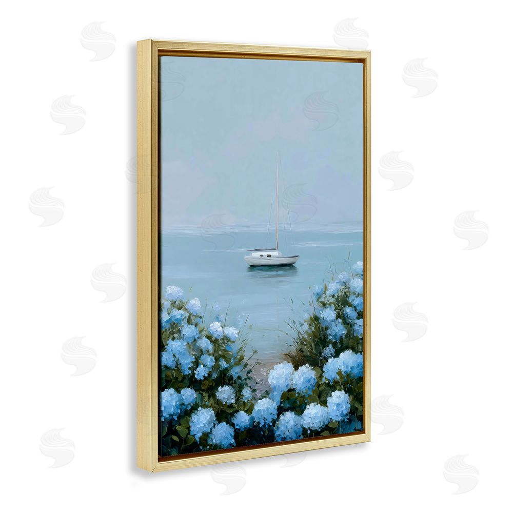 Petal Prints Design Yacht in Floral Bay Gold Floating Framed Canvas Wall Art Print