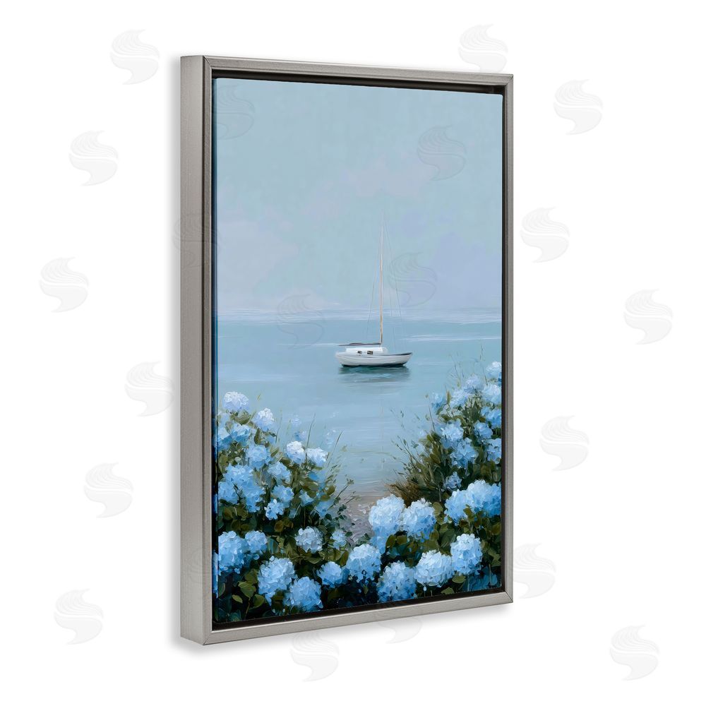 Petal Prints Design Yacht in Floral Bay Gray Floating Framed Canvas Wall Art Print