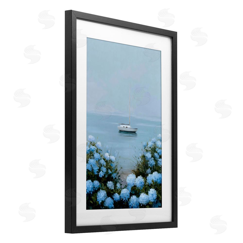 Petal Prints Design Yacht in Floral Bay Black Framed Print Under Glass with White Mat Wall Art