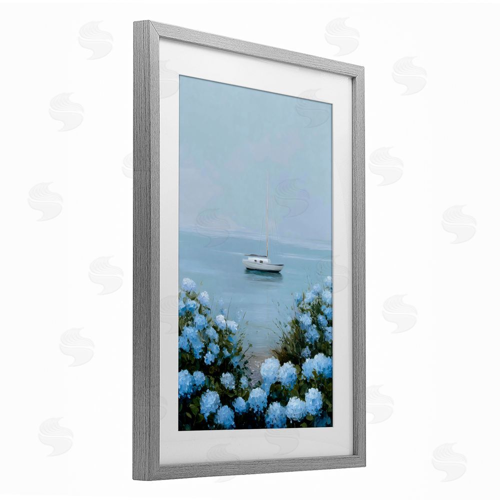 Petal Prints Design Yacht in Floral Bay Gray Framed Print Under Glass with White Mat Wall Art