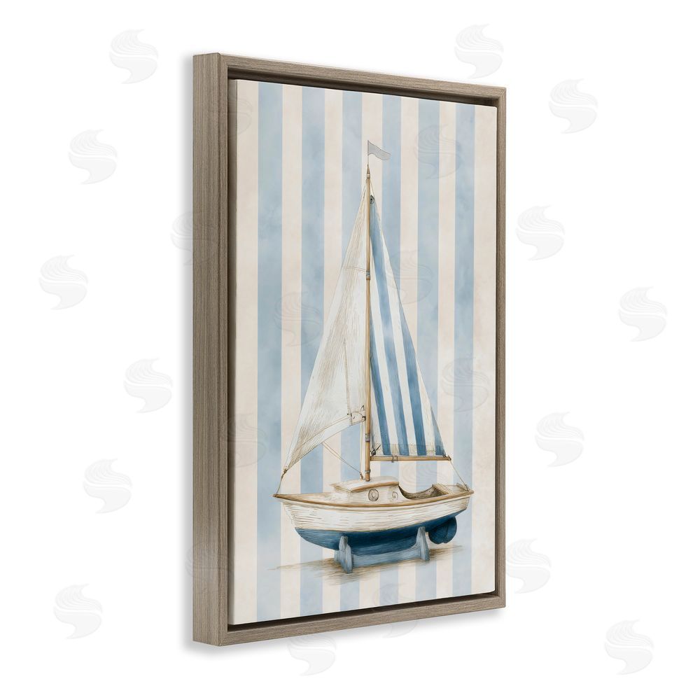 Petal Prints Design Seaside Stripes Sailboat Brown Floating Framed Canvas Wall Art Print