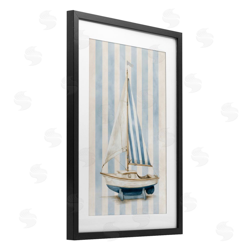 Petal Prints Design Seaside Stripes Sailboat Black Framed Print Under Glass with White Mat Wall Art
