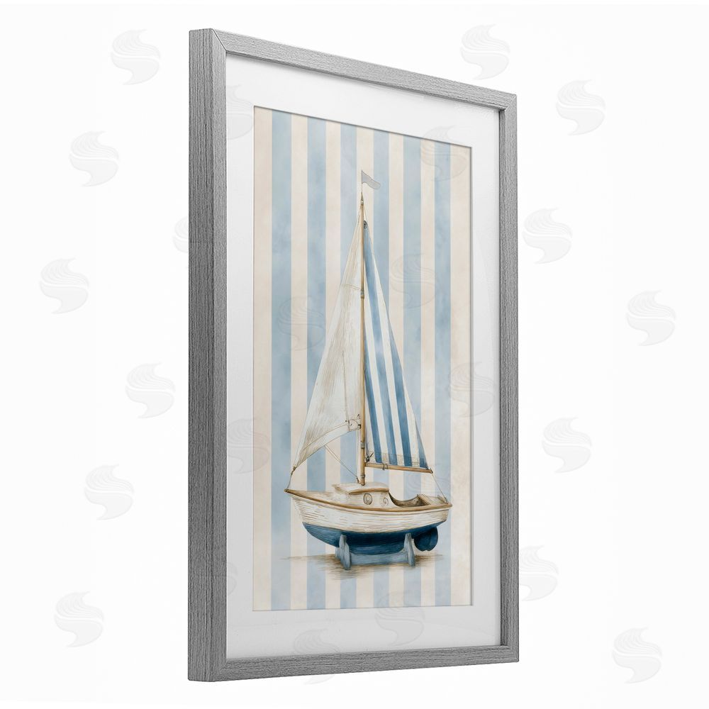Petal Prints Design Seaside Stripes Sailboat Gray Framed Print Under Glass with White Mat Wall Art