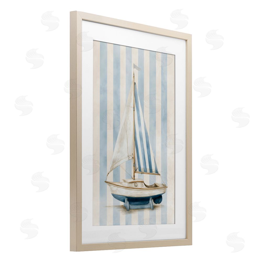 Petal Prints Design Seaside Stripes Sailboat Brown Framed Print Under Glass with White Mat Wall Art