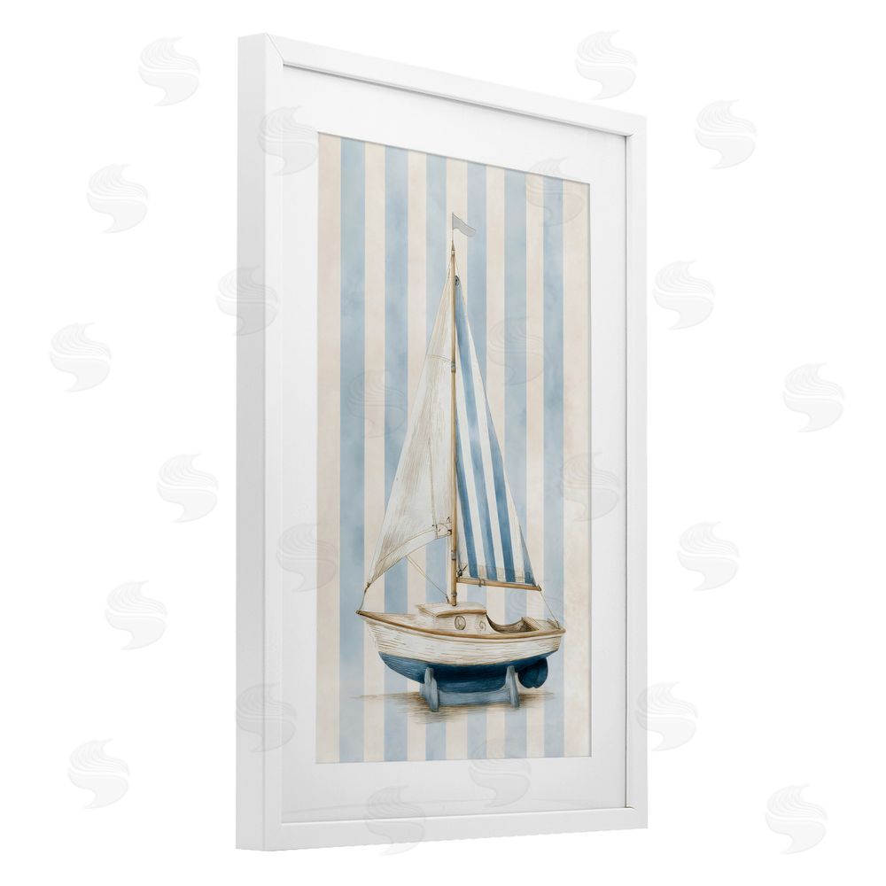 Petal Prints Design Seaside Stripes Sailboat White Framed Print Under Glass with White Mat Wall Art