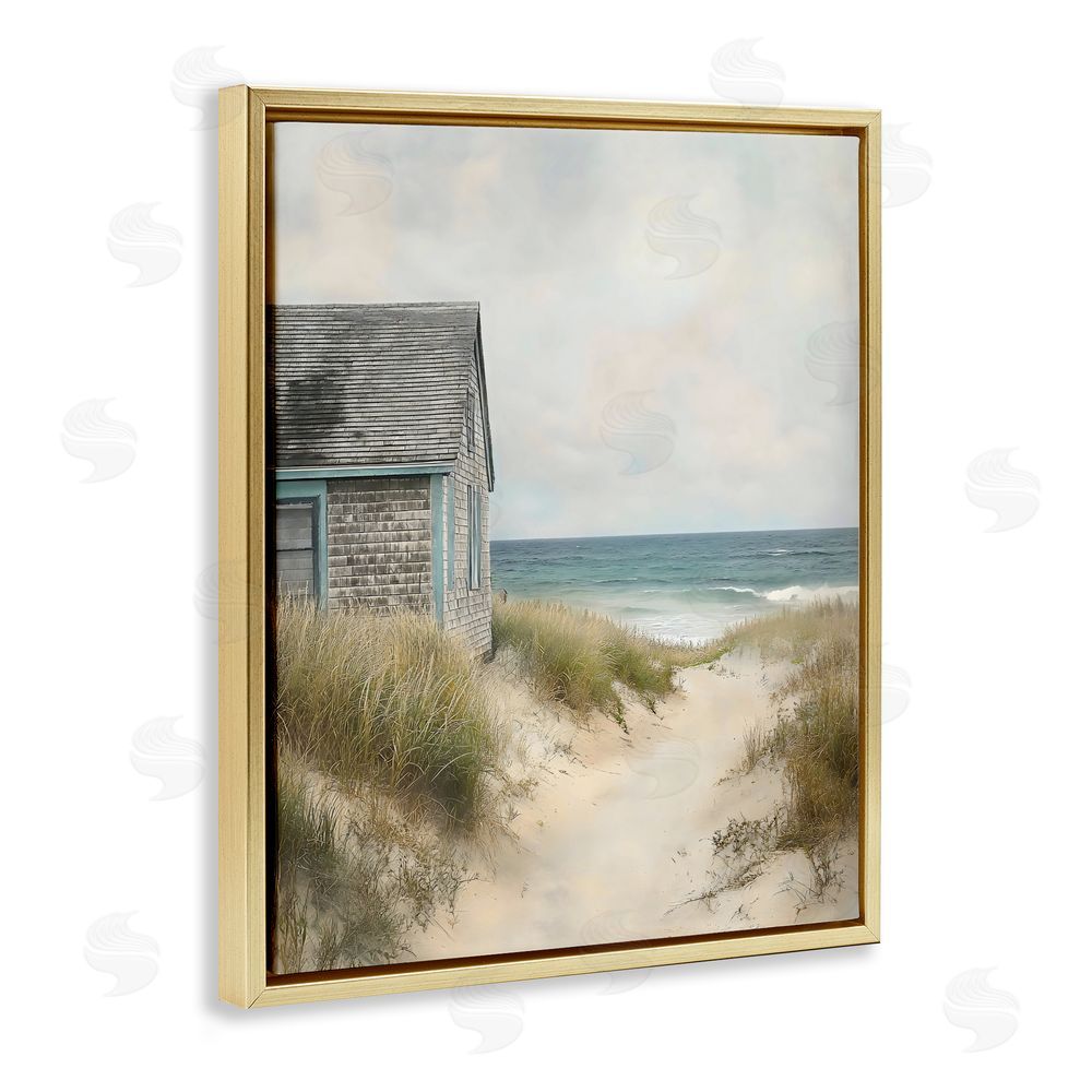 Creative Studio Oceanfront Cottage on Dune Path Gold Floating Framed Canvas Wall Art