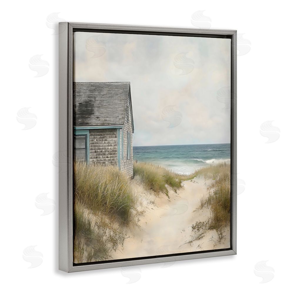 Creative Studio Oceanfront Cottage on Dune Path Gray Floating Framed Canvas Wall Art