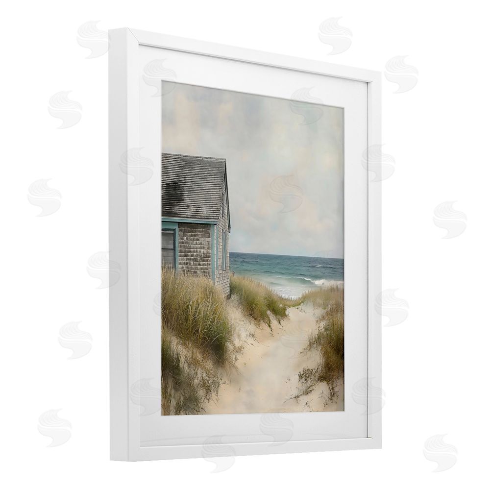 Creative Studio Oceanfront Cottage on Dune Path White Framed Print Under Glass Wall Art