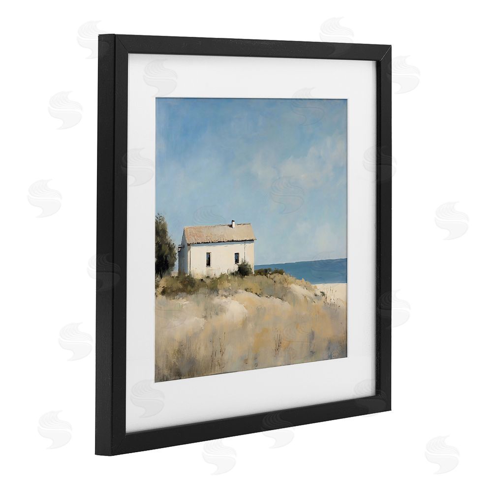 Creative Studio Simple Beach House on Dunes Black Framed Print Under Glass with White Mat Wall Art