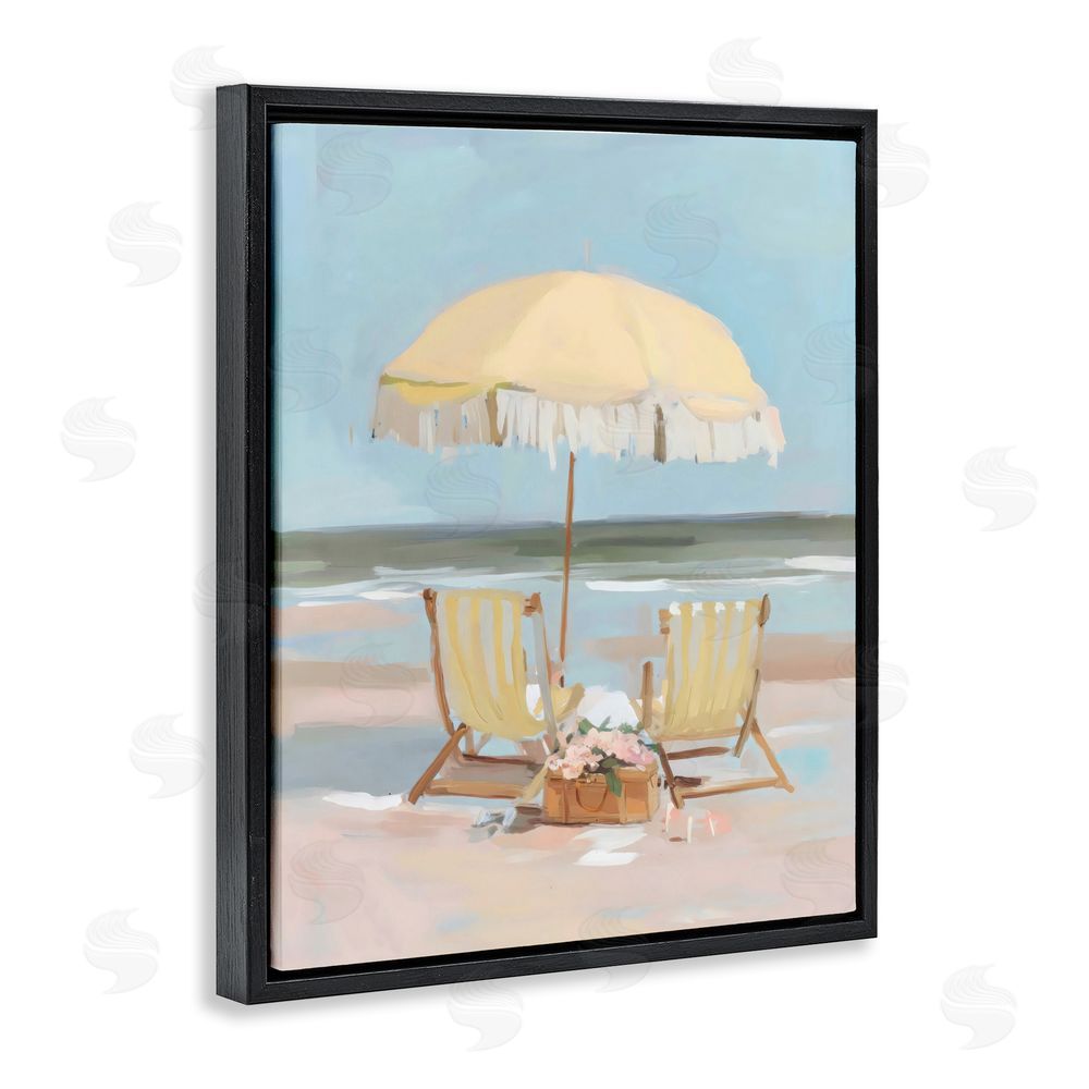 Sisi and Seb Yellow Chairs Beach Relaxation Black Floating Framed Canvas Wall Art Print