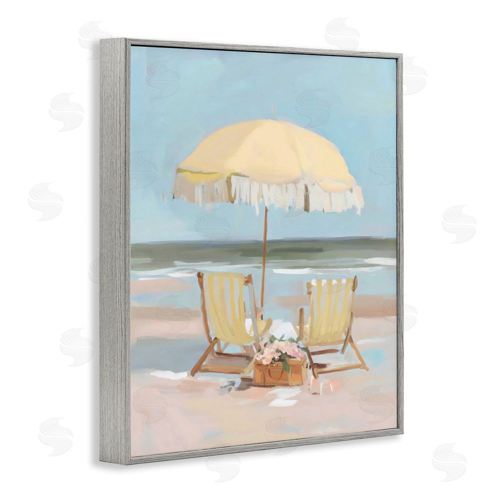 Sisi and Seb Yellow Chairs Beach Relaxation Gray Framed Giclee Wall Art Print