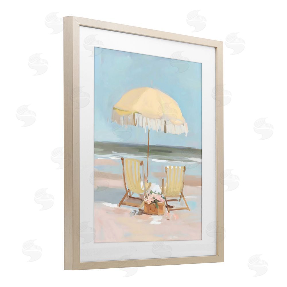 Sisi and Seb Yellow Chairs Beach Relaxation Brown Framed Print Under Glass with White Mat Wall Art