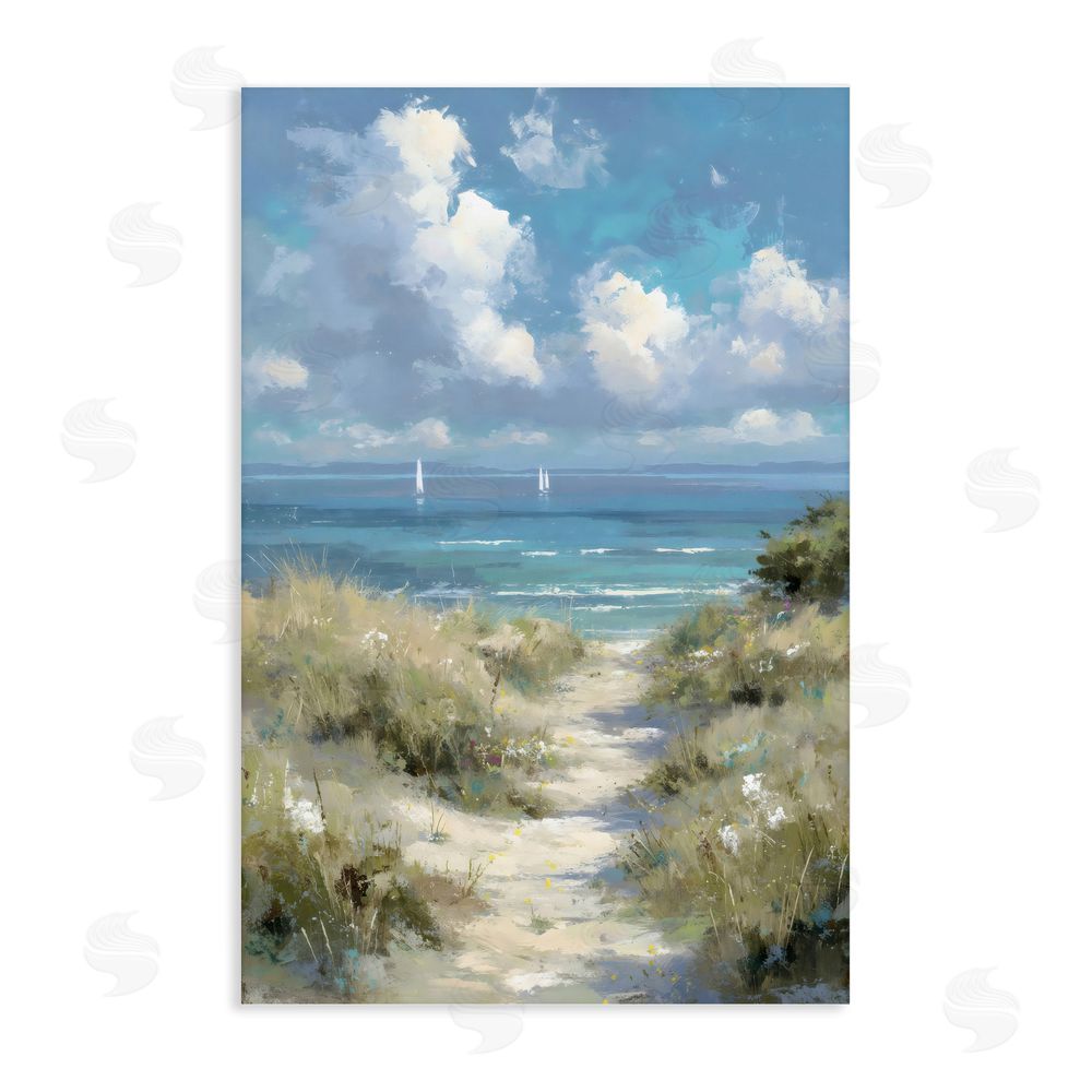 Petal Prints Design Impressionist Clouds over Beach Path Stretched Canvas Wall Art