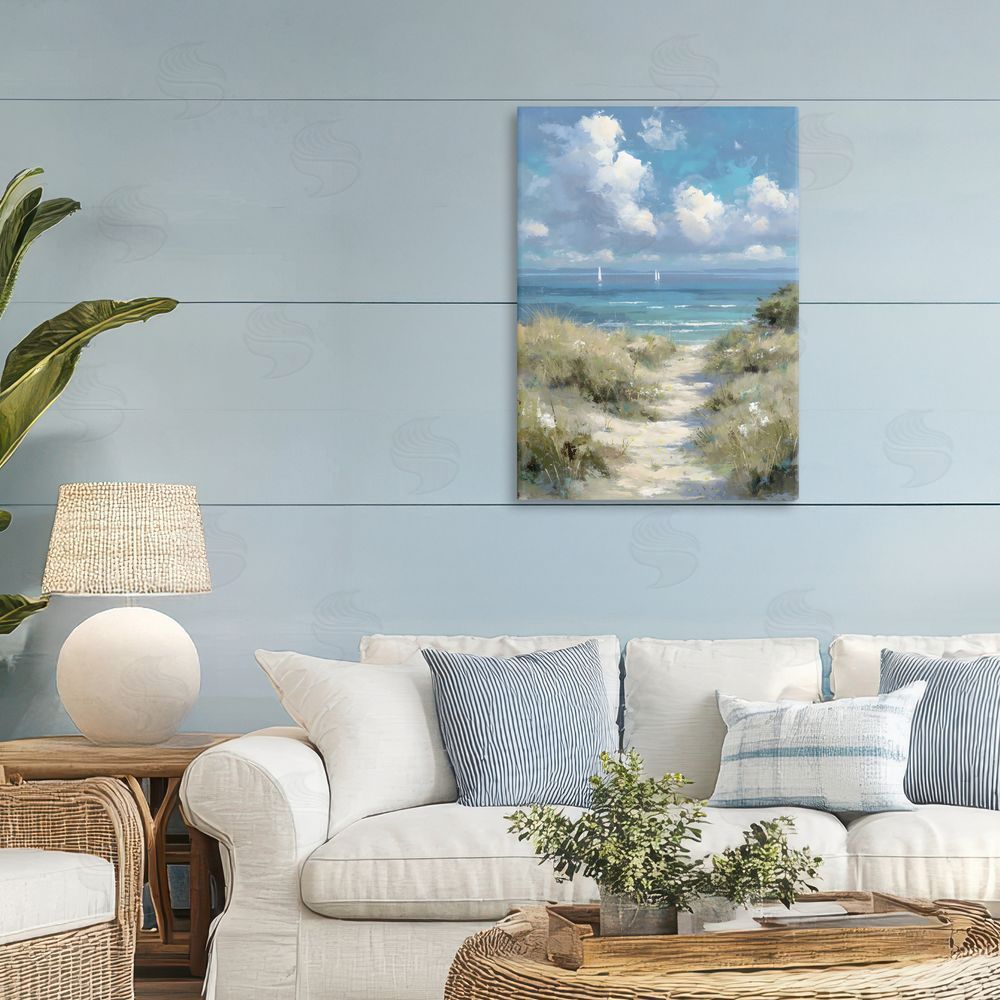 Petal Prints Design Impressionist Clouds over Beach Path Stretched Canvas Wall Art in Room