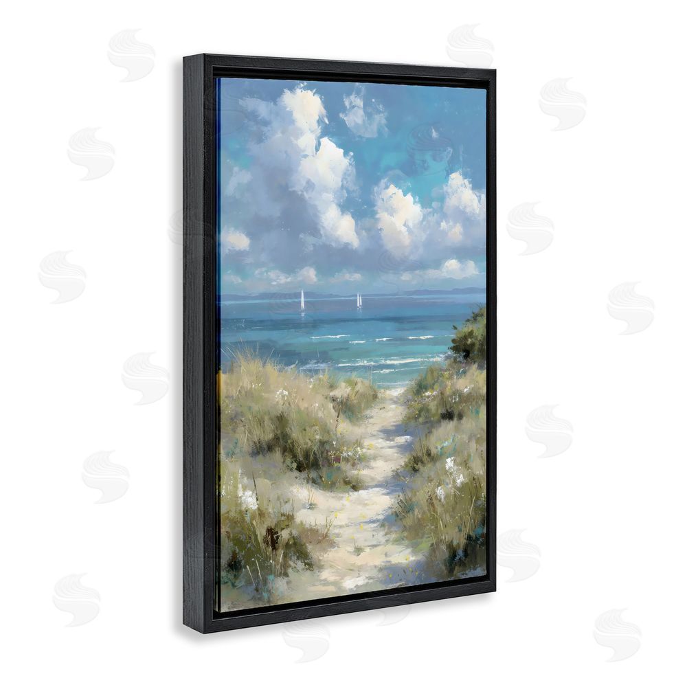 Petal Prints Design Impressionist Clouds over Beach Path Black Floating Framed Canvas Wall Art