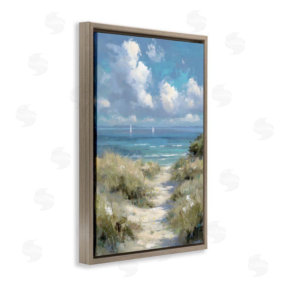Petal Prints Design Impressionist Clouds over Beach Path Brown Floating Framed Canvas Wall Art