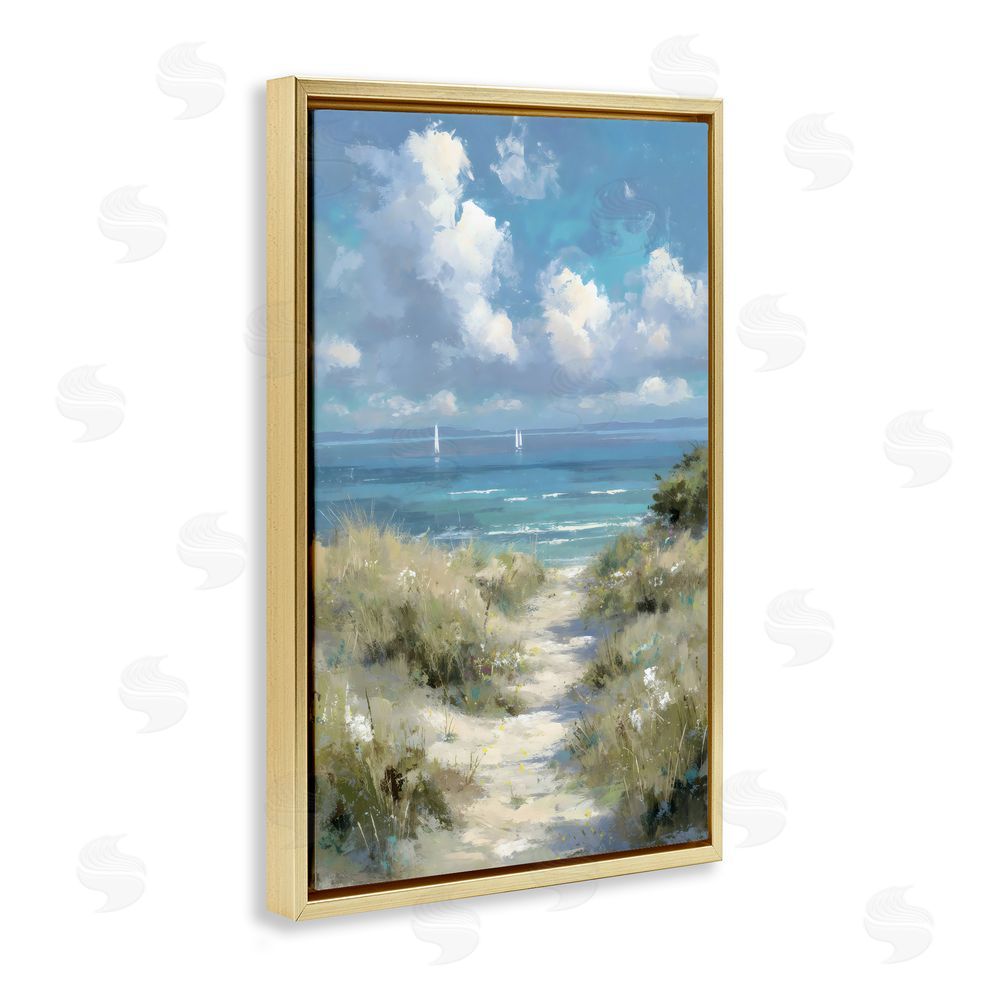 Petal Prints Design Impressionist Clouds over Beach Path Gold Floating Framed Canvas Wall Art