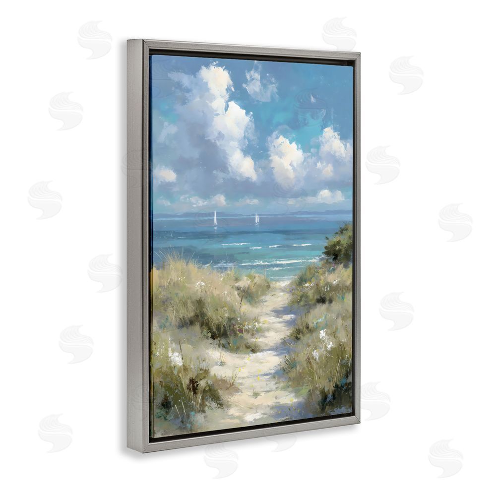 Petal Prints Design Impressionist Clouds over Beach Path Gray Floating Framed Canvas Wall Art