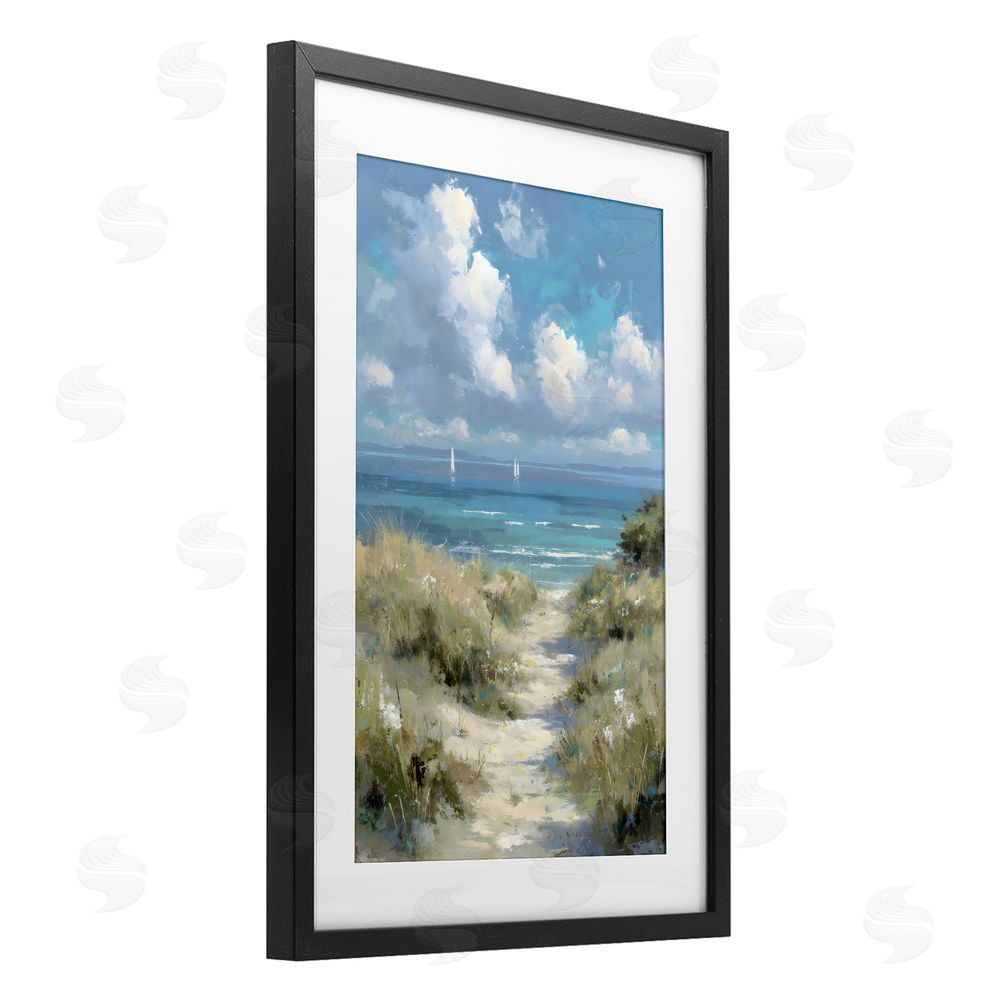Petal Prints Design Impressionist Clouds over Beach Path Black Framed Print Under Glass Wall Art