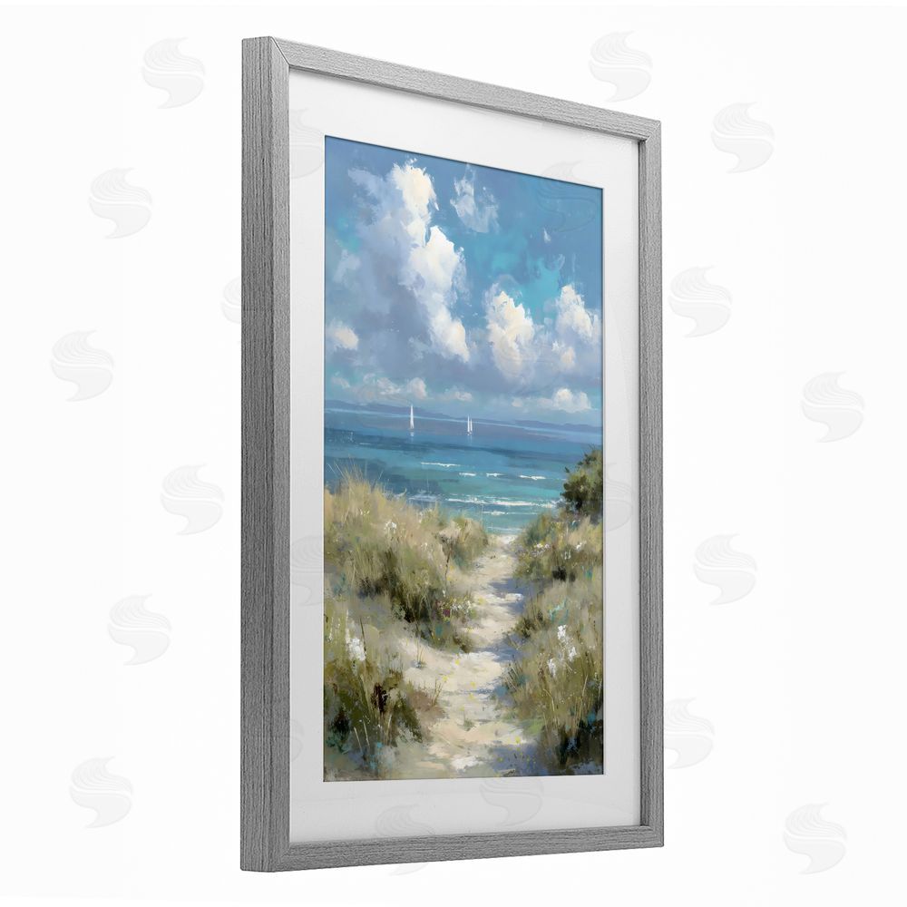 Petal Prints Design Impressionist Clouds over Beach Path Gray Framed Print Under Glass Wall Art