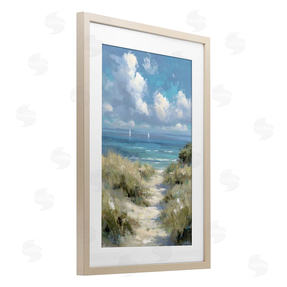 Petal Prints Design Impressionist Clouds over Beach Path Brown Framed Print Under Glass Wall Art