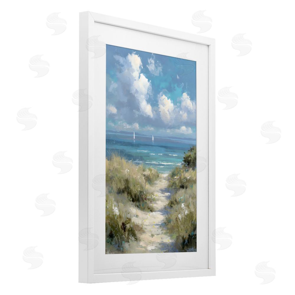 Petal Prints Design Impressionist Clouds over Beach Path White Framed Print Under Glass Wall Art