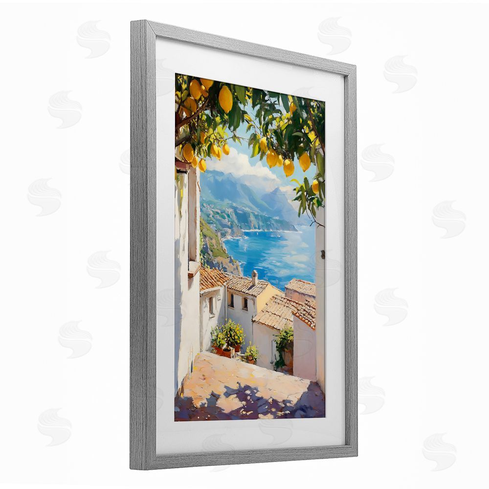LSR Design Studio Amalfi Coast Lemon Overhang Gray Framed Print Under Glass with Matting Wall Art