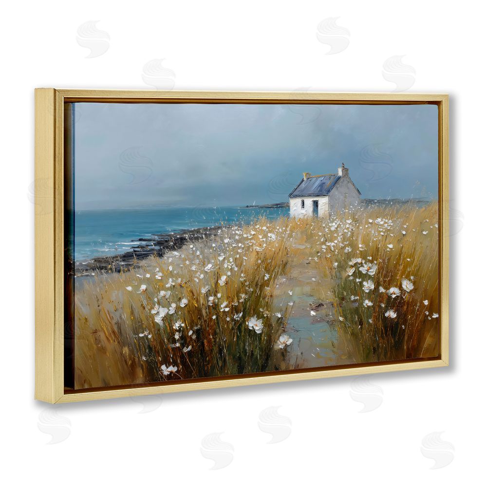 Petal Prints Design Oceanfront Cottage Wildflowers Gold Floating Framed Canvas Wall Art