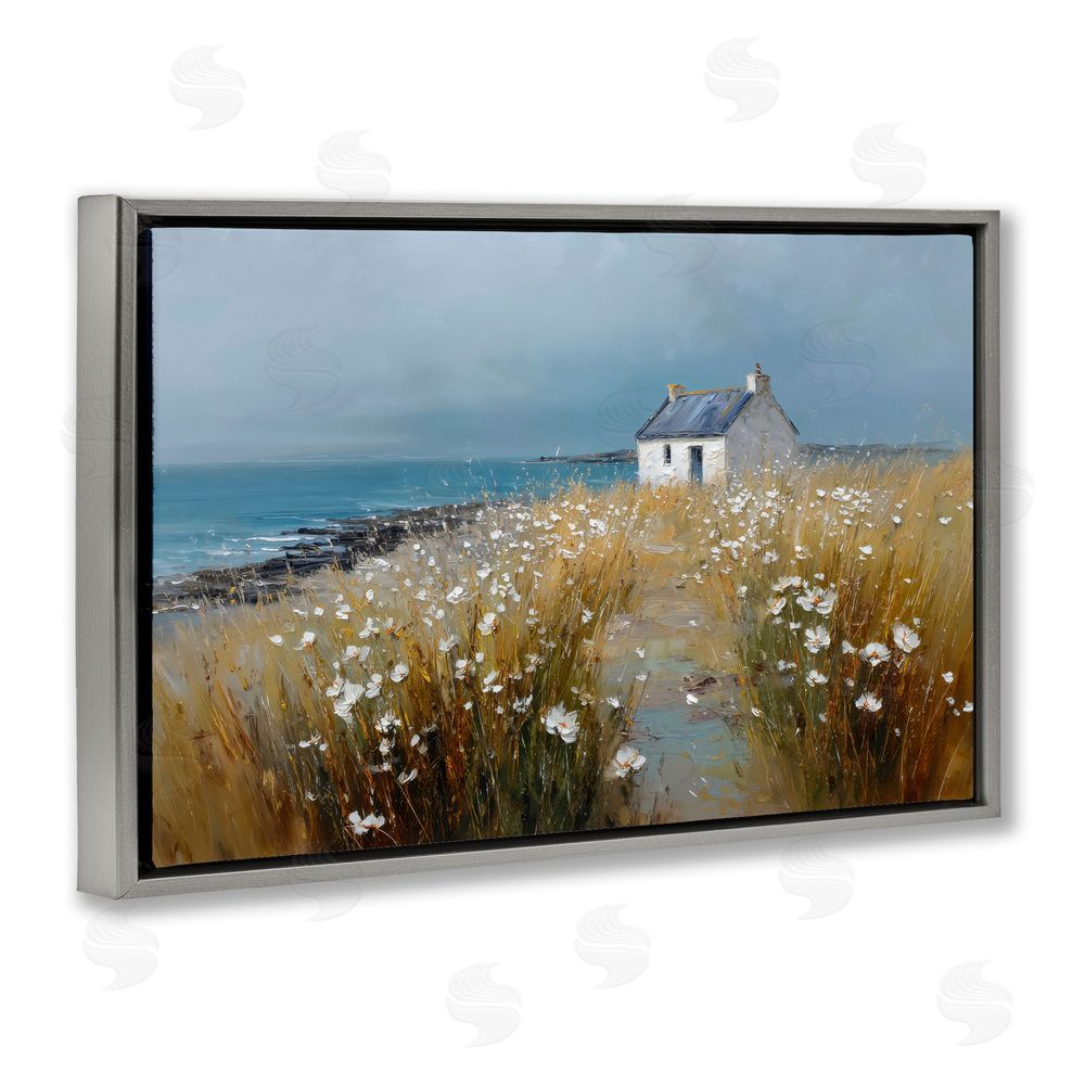 Petal Prints Design Oceanfront Cottage Wildflowers Gray Floating Framed Canvas Wall Art