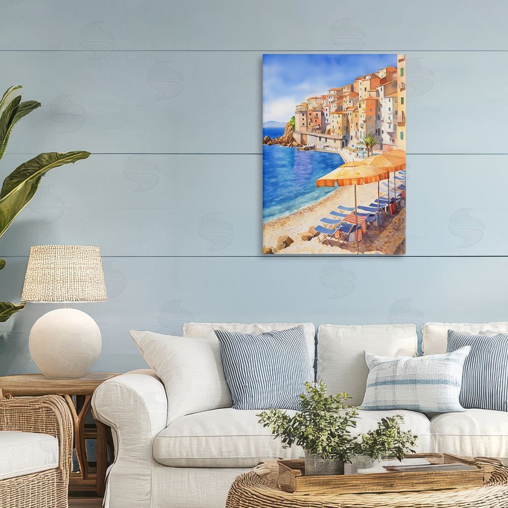 Creative Studio Beach Lounging on Mediterranean Shore Stretched Canvas Wall Art Print in Room
