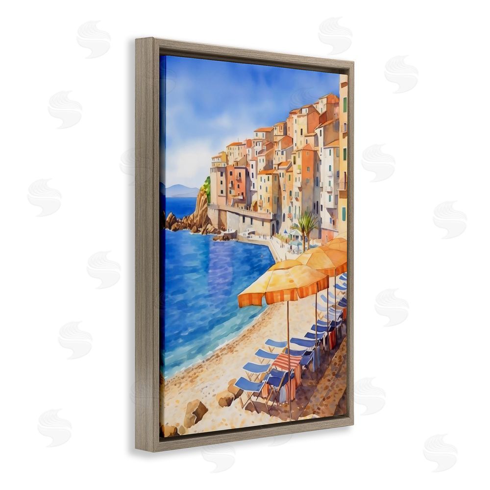 Creative Studio Beach Lounging on Mediterranean Shore Brown Floating Frame Stretched Canvas Wall Art Print